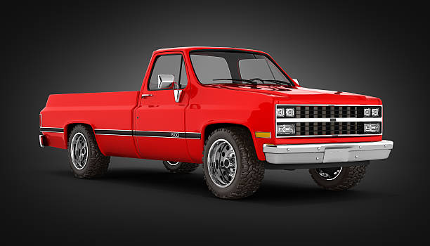 istock Red pickup truck perspective view on black background 3d 626670056