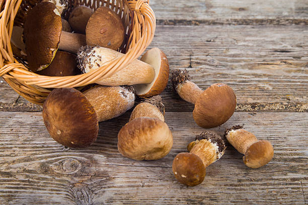 istock Mushrooms in a basket on a wooden table 626673130