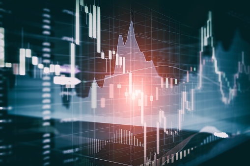 Candle stick graph and bar chart of stock market investment trading. Analysis Forex price display on computer screen.