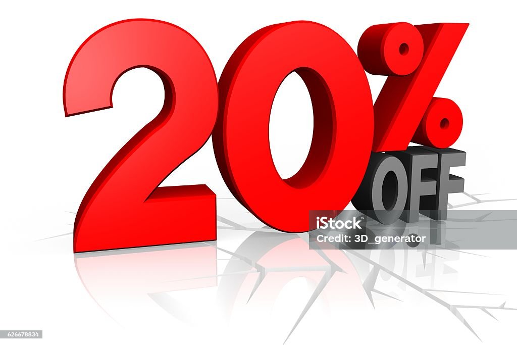 3D SALE - 20% OFF 3D red SALE concept with price and cracked surface - great for topics like special offer/ discount/ shopping etc. Off - Single Word Stock Photo
