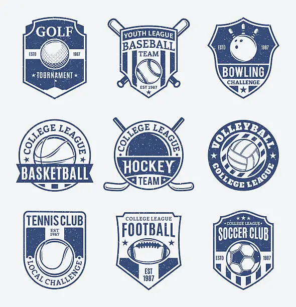 Vector illustration of Retro styled sport team labels for nine sport disciplines