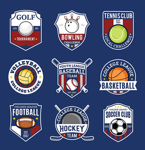 Vector illustration of Set of sport team labels for nine sport disciplines