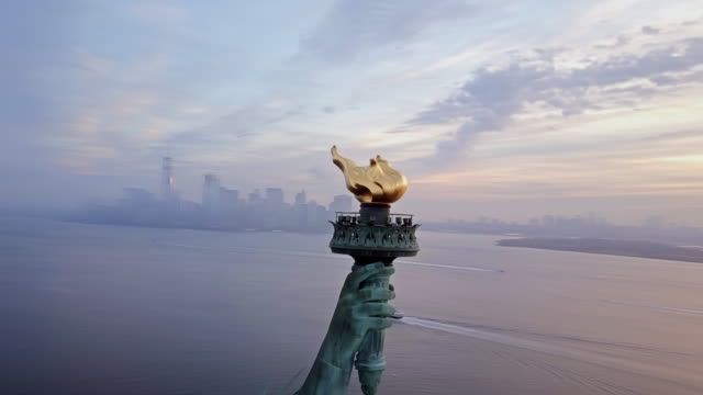 Aerial View of Torch Statue of Liberty 4K
