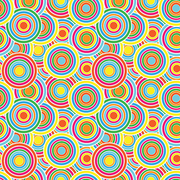 Red, yellow and blue circles seamless vector pattern. Red, yellow and blue circles seamless vector pattern. Stained glass circles mosaic red, green, yellow and orange colors on blue background. round stained glass window drawings stock illustrations
