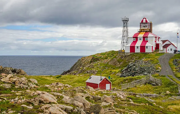 Cape Bonavista Lightstation, Newfoundland, Canada.  Lighthouse station LL 449, tip of the cape on the Atlantic Ocean, Navigational aid to ships.  Beacon at end of rocky shoreline at the end of the cape.