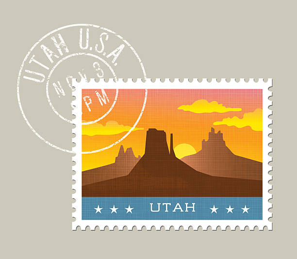 Vector illustration of monument valley at sunset, Utah Utah postage stamp design. Vector illustration of monument valley at sunset. Grunge postmark on separate layer butte rocky outcrop stock illustrations