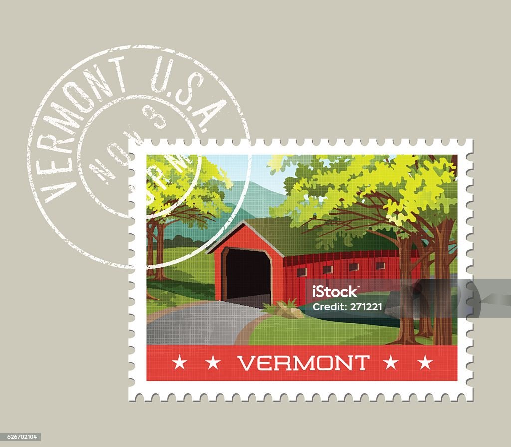 Vector illustration of scenic covered bridge over stream, Vermont Vermont postage stamp design. Vector illustration of scenic covered bridge over stream. Grunge postmark on separate layer Vermont stock vector