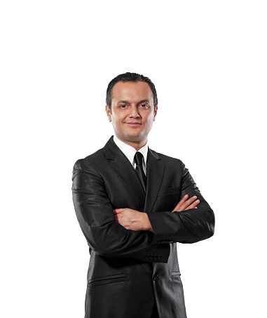 Asian businessman pointing something isolated over white background
