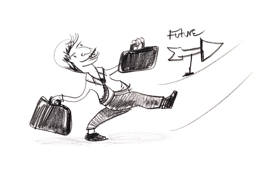 Sketch drawing of business man holding two bag enthusiastically walking  to the future follow the sign