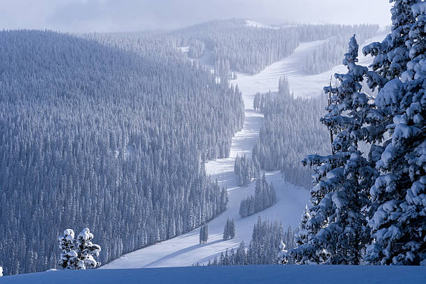 катание на лыжах в зимней стране чудес вейл колроадо - ski resort winter snow blizzard стоковые фото и изображения