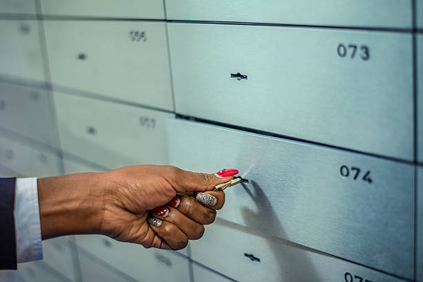 istock Female hand unlocking safety deposit box 626723400