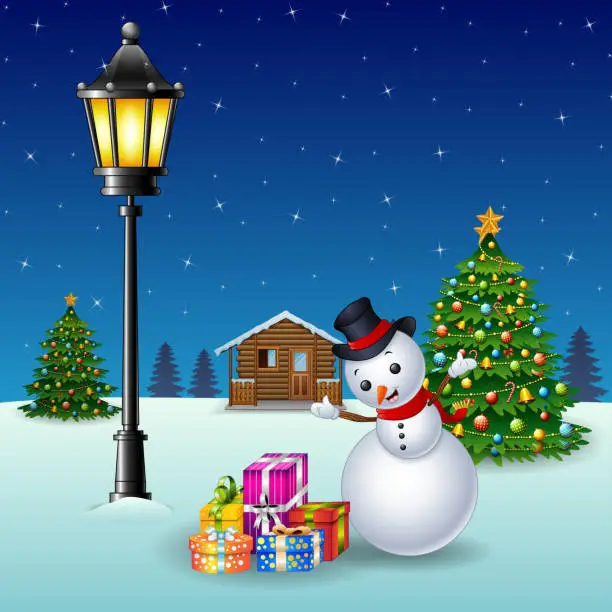 Vector illustration of Snowman with christmas trees and gift boxes