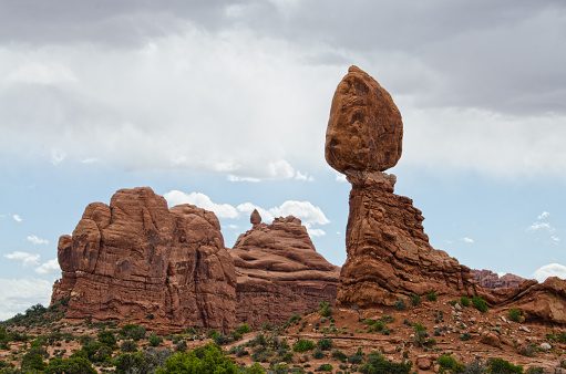 Balanced Rock in the Windows section of Arches National Park has what appears to be 