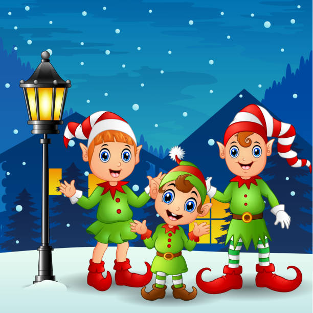 симпатичные маленькие эльфы ребенка со снегопадом падения - christmas child friendship little boys stock illustrations