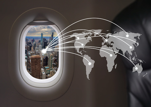 Chicago city at airplane windows with world connection