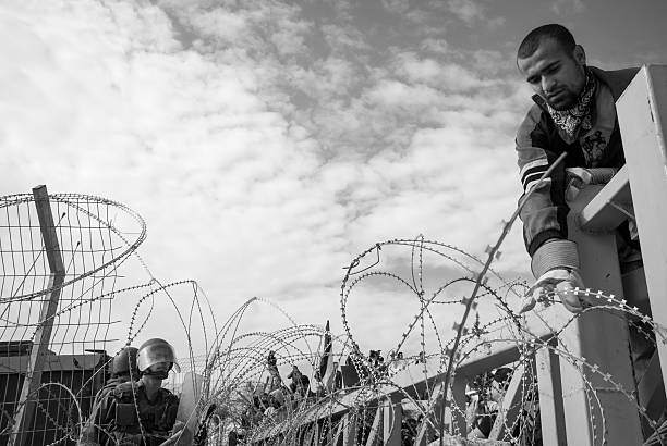 Bil'in, West Bank, Palestine - December 8, 2006: As an Israeli soldier looks on, a Palestinian young man reaches for the razor wire at the Israeli-built separation barrier in the West Bank village of Bil'in. The village has been the site of a weekly protest against the barrier since 2005.