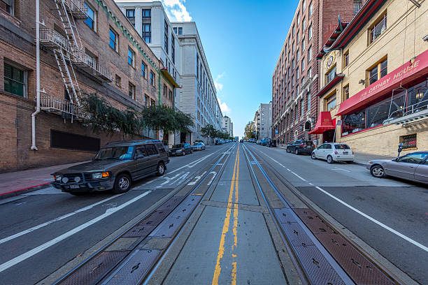 San Francisco, California, USA - November 23, 2016: 11mm wide angle View of the chinatown district in San Francisco downtown. Incidental people on the background. 