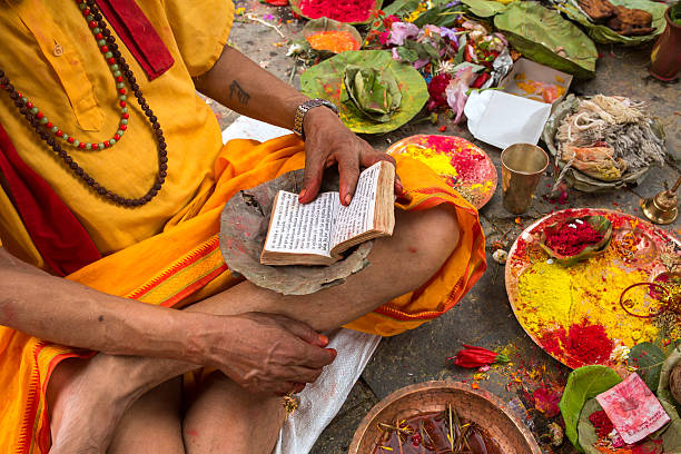 Brahmin make puja ceremony in Kathmandu, Nepal stock photo