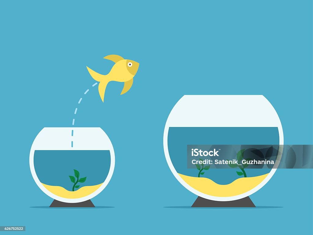 Fish changing aquarium Gold fish jumping from little to large aquarium on blue background. Courage, risk and opportunity concept. Flat design. Vector illustration. EPS 8, no transparency New stock vector