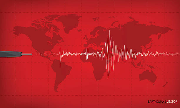 illustrazioni stock, clip art, cartoni animati e icone di tendenza di grafico dell'attività sismica che mostra un terremoto sullo sfondo della mappa del mondo. - terremoto
