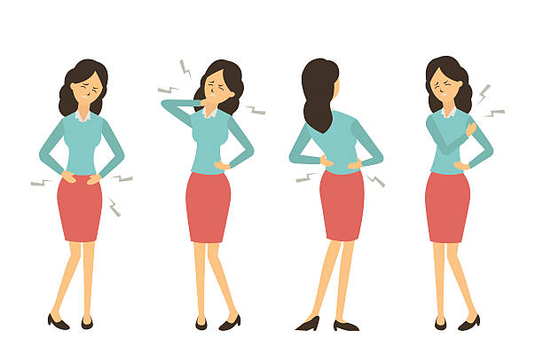 Businesswoman get pain from work Character set of businesswoman at workplace get pain in various problem, back pain, abdominal problem, neck pain, and hurt at shoulder from working. back pain stock illustrations