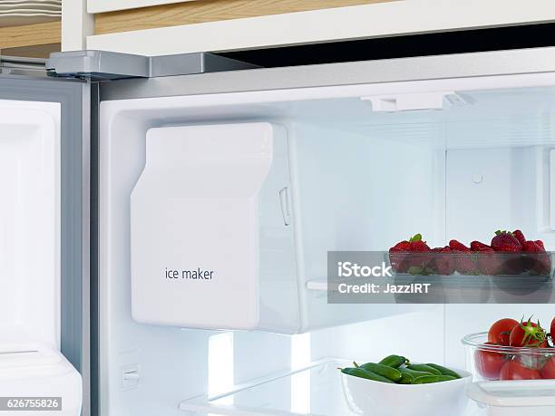 Automatic Ice Maker In Refrigerator Stock Photo - Download Image Now - Ice Maker, Angle, New
