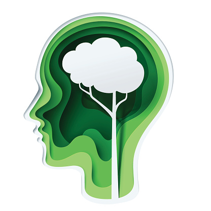 Paper carve to human head and tree shape look like a brain on green background, paper art concept and ecology idea, vector art and illustration.