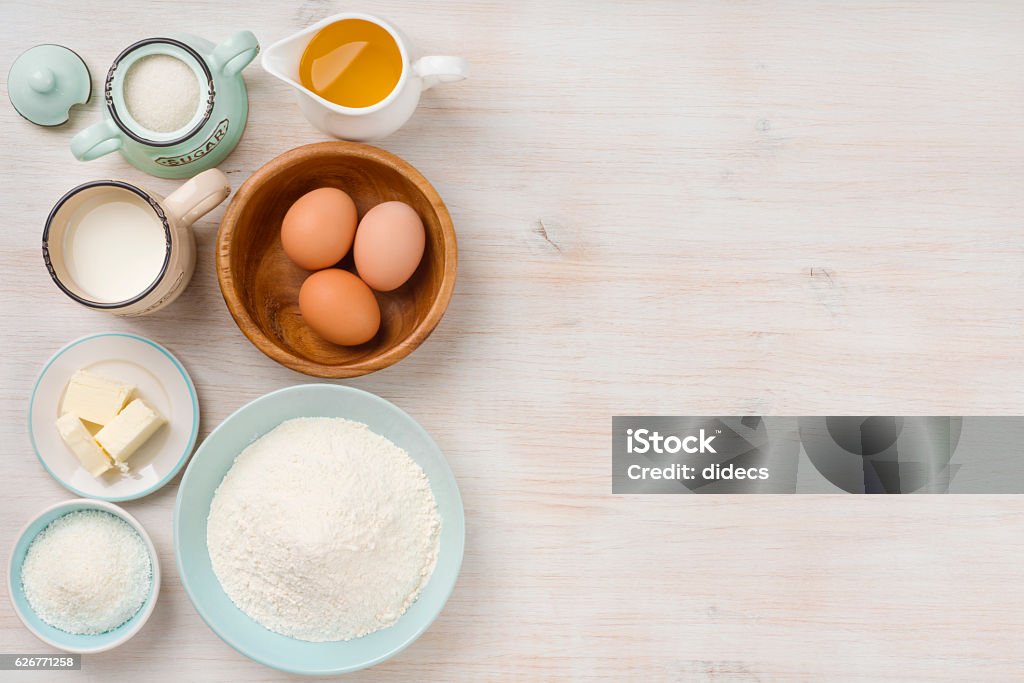 Baking ingredients background, baking concept, top view with copy space Flour Stock Photo