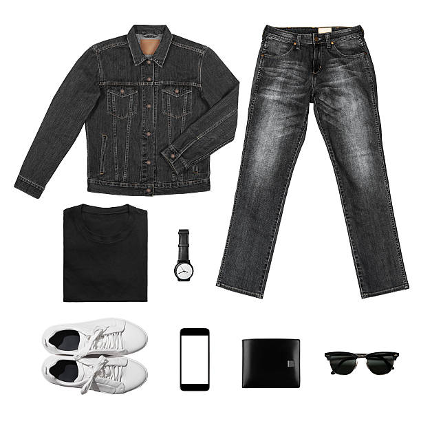 Black& White Tone Man's clothing collections with clipping path Black& White Tone Man's clothing collections isolate on white(shirt,jean,wallet,watch,sunglasses,phone,jacket,shoe) with clipping path flat shoe photos stock pictures, royalty-free photos & images