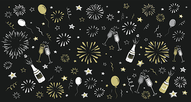 illustrazioni stock, clip art, cartoni animati e icone di tendenza di disegnare a mano felice sfondo nuovo anno - brindisi evento festivo illustrazioni