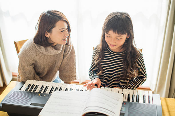 Mother and daughter playing  on electronic piano