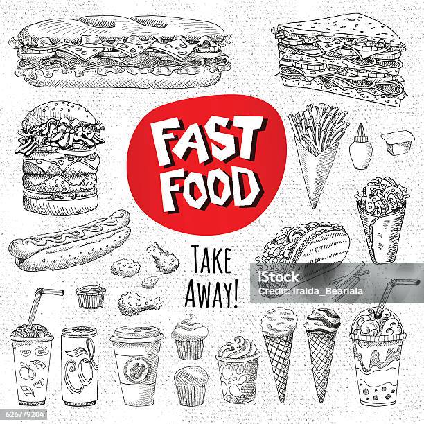 Set Of Color Chalk Drawn On A Blackboard Food Stock Illustration - Download Image Now - Drawing - Activity, Chalk Drawing, Sandwich