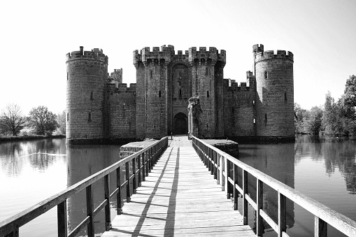 Bodiam, UK, April, 23 2011: Black and white image of Bodiam Castle which is a 14th century ruin and a popular visitors attraction