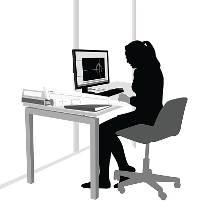 A vector silhouette illustration of a young, female architect sitting in front of a computer looking at the screen.  On the desk are binders and a roll of blueprints.