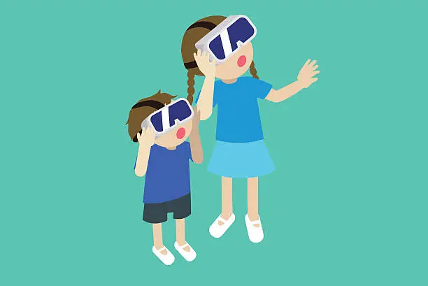 Vector illustration of Two children experiencing VR headsets