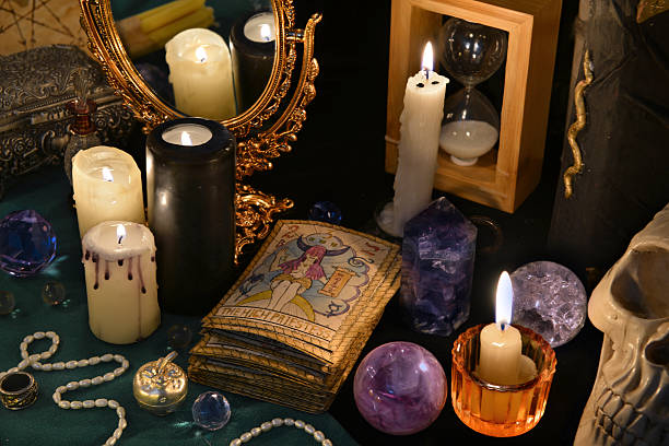 istock Magic still life with the Tarot cards, mirrow and candles 626786350