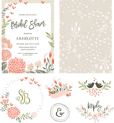 Rustic hand drawn Bridal Shower invitation with seamless background and floral design elements. Vector illustration.