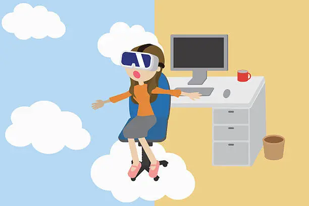 Vector illustration of Woman experiencing VR headsets in office