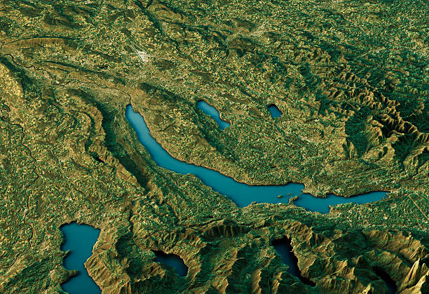 Lake Zurich 3D Landscape View South-North Natural Color 3D Render of a Topographic Map of Lake Zurich, Switzerland. zurich map stock pictures, royalty-free photos & images
