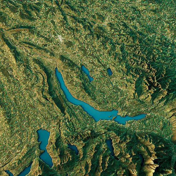 Lake Zurich Topographic Map Natural Color Top View 3D Render of a Topographic Map of Lake Zurich, Switzerland. zurich map stock pictures, royalty-free photos & images