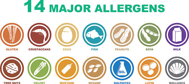 set of major allergens icons set of 14 allergens free icons on white background pollen stock illustrations