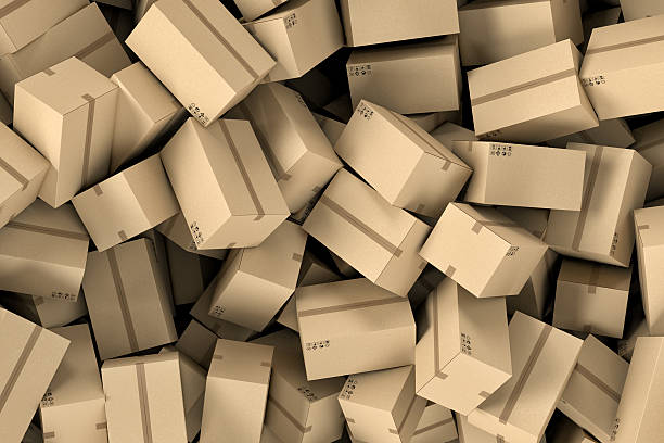 istock Rendering huge amount of cardboard boxes lying together in disorder 626790832