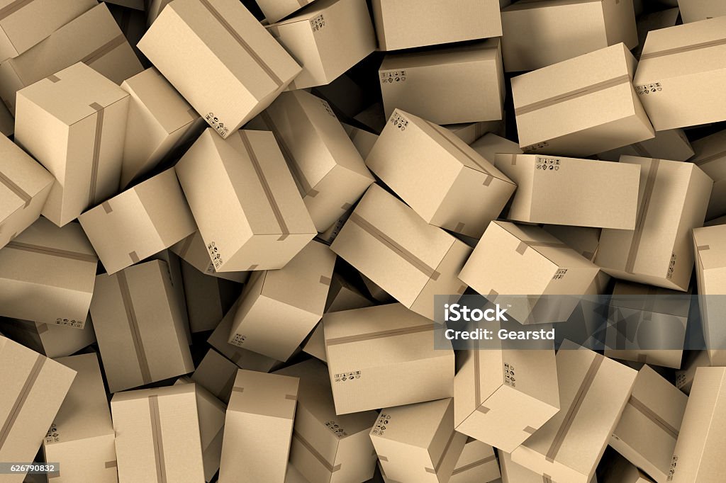 Rendering huge amount of cardboard boxes lying together in disorder 3d rendering of a huge amount of cardboard boxes lying together in disorder, top view. Postal services. Packing and crating. Storage of products. Compartments for packages. Box - Container Stock Photo