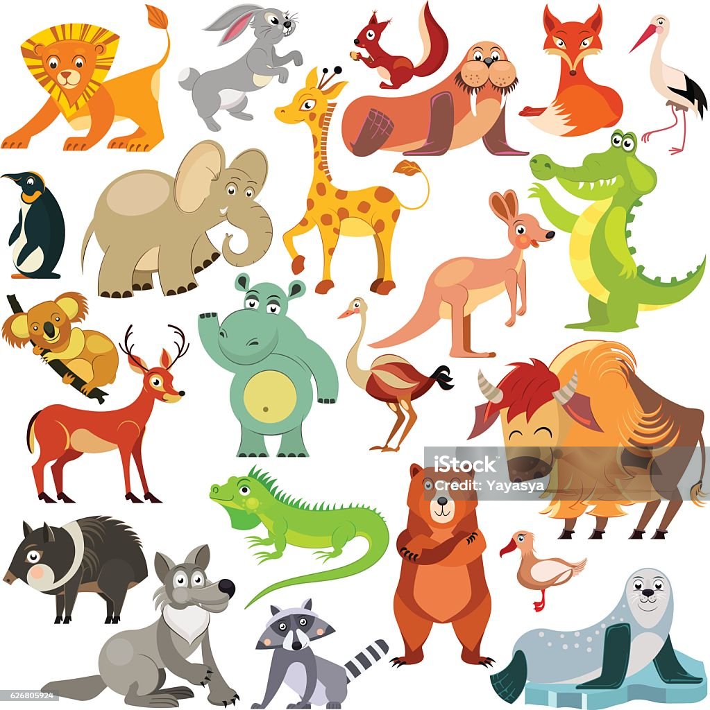 Set of funny animals from all over the world. Set of funny animals, birds and reptiles from all over the world. World fauna. For alphabet. Vector illustration Alligator stock vector