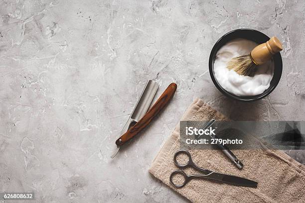 Mens Hairdressing Desktop With Tools For Shaving Top View Stock Photo - Download Image Now