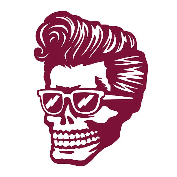 Vector illustration of Cool skull face with rockabilly hairstyle and sunglasses vector illustration