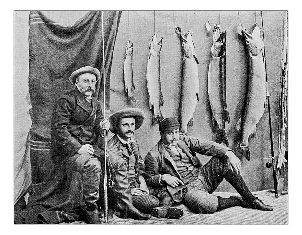 antike punktgedruckte fotografie von hobbys und sport: fischer - fischen fotos stock-grafiken, -clipart, -cartoons und -symbole