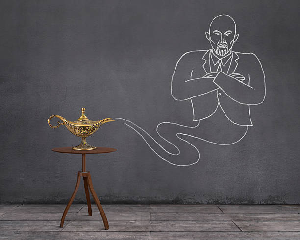 Aladdin's magic lamp on the coffee table with wooden floor and businessman genie sketched (chalk drawing) on the wall.