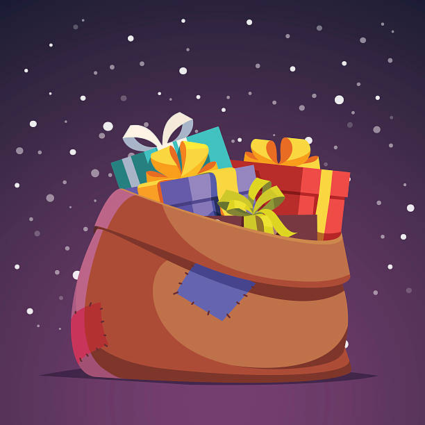 선물과 선물 상자로 가득 찬 산타 클로스 자루 - santa claus bag sack christmas stock illustrations