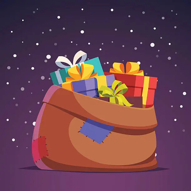 Vector illustration of Santa Claus sack full of gift and present boxes